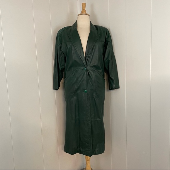 Vintage Green Leather Long Raglan Sleeve Mid Calf Jacket - Picture 1 of 9